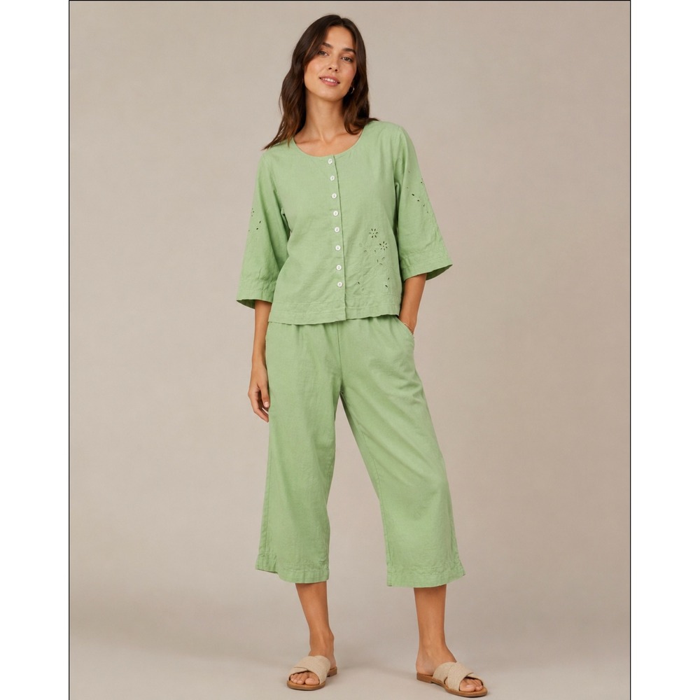 Vtg Erika Linen Eyelet 2 Piece Set Large Sage Green Linen Floral Coastal Boho